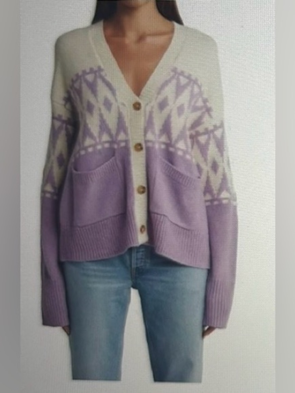 Derek Lam Ivory and Lavender Geometric Knit Button Cardigan